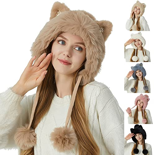 Bonnet tricoté épais pour femme avec oreilles de chat et trois pompons - Bonnet en laine de mode - Protection thermique pour les oreilles - Parfait pour les loisirs d'automne et d'hiver, kaki, taille