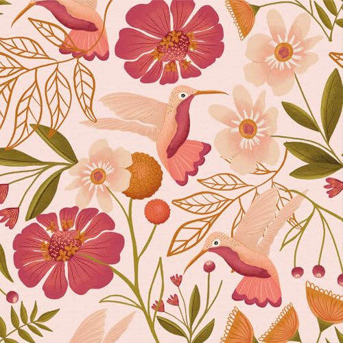 LZH-LP Självhäftande tapet, rosa blommor fågel skog djur växt blomma dra av och klistra fast kontaktpapper, 44 x 300 cm abstrakt sömlös blomtryck avtagbar tapet dekorativ folie