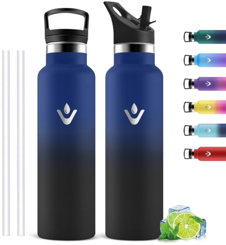 Botella Agua Acero Inoxidable sin BPA, Botella Termica 1 litro, A Prueba de Fugas, Botellas Agua Gimnasio, con 2 Tapones, Cantimplora Termica con Pajita para Hogar, Gimnasio, Exterior