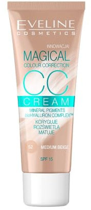 Eveline Cosmetics - Magical Colour Correction CC Foundation Nr 52 Medium Beige, Foundation Make Up mit SPF 15, Make-Up für alle Hauttypen, Feuchtigkeitsversorgung CC-Creme - 30 ml