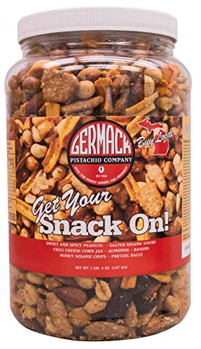 Germack Pistachio Company® - Get Your Snack On Party Mix - Peanuts, Sesame Sticks, Chili Corn, Almonds, Raisins, Sesame Chips and Pretzels - 2lb 6oz Jar