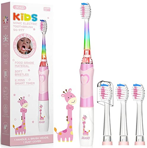 Seago Kids Electric Toothbrush 3-5-6-12 Toddler Childrens Toothbrushes with Timer,Colorful Rainbow LED Light and 4 Heads for Junior Boys Girls Battery-Powered Sonic Tooth Brush SG977 (Pink)
