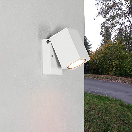 Licht-Erlebnisse Aplique de exterior orientable, lámpara de exterior blanca, downlight, orientable, plegable, balcón, jardín, terraza, compacto, H:10 cm, IP44, GU10, aplique de exterior