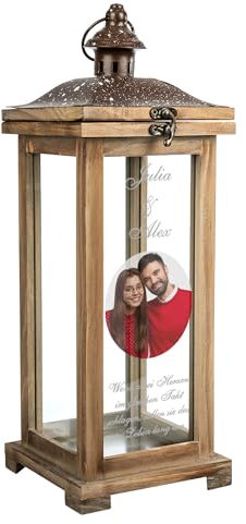 Landhaus Laterne mit Foto personalisiert | XL Holzlaterne 42 cm groß | Geschenkidee zu Muttertag Mutter Vater Oma Opa Hochzeitstag Eltern | Gartendeko, Gartenlaterne