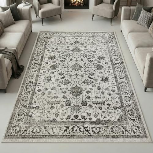 Teppich-Traum Orientalisk matta, med växter, dekorationer och prydnader, storlek 120 x 170 cm, gräddvit