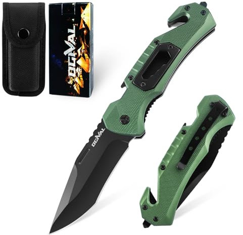 Ogival Klappmesser (Zweihandmesser),20CM Taschenmesser mit Aluminiumgriff und Taschenclip, 5-in-1 Edc Messer mit Nylonscheide, für Outdoor,Camping,Fischen,Jagen，Grün