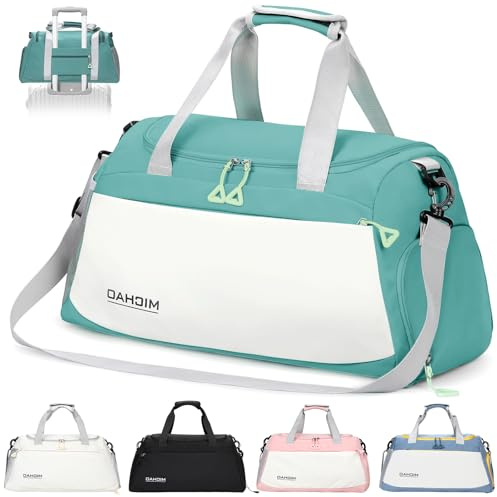 Damcyer Bolsa De Deporte, Bolsa Deporte Mujer para Mujer Grande con Compartimento Zapatos y Compartimento Mojado, Bolsa De Viaje Mochila Gimnasio, Blanco+Verde