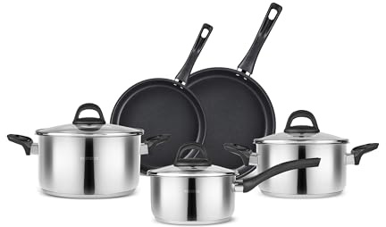 Karaca Gastro Köksredskapsset, 8 delar – 304 rostfritt stål, 0,6 mm tjocka, non-stick-belagda stekpannor, inklusive mjölkkanna och kastruller med lock