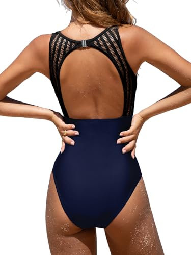 CUPSHE Damen Badeanzug High Neck Bauchweg Raffung Netzstoff Rückenfrei Elegant Einteilige Bademode Swimsuit Marineblau XL