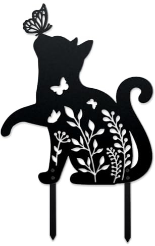 WADORN Chat et Papillon Forme Jardin Piquets en Métal Décoratifs, Chat Forme Fer Silhouette Piquet D'Extérieur pour Jardin Pelouse Patio Pendaison Crémaillère Décoration Maison Artistique