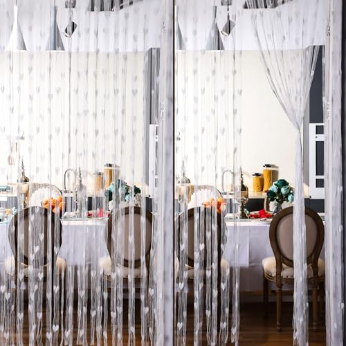 Xinnun 2 Pcs Heart Glitter String Curtain Panels Set 39.4 x 78.7 Inch White Heart Cotton String Door Curtain Fly Screen Tassel Window Doorways Room Divider for Living Room Bedroom Party Decorations