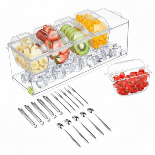Ice Chilled Condiment Caddy with 5 Containers,Large Ice Chilled Condiment Organizer with Separate Lids, with Spoons,Forks and Clip Serving Tray Platter for Bar Accessories, Fruit, Salad, Taco, Party