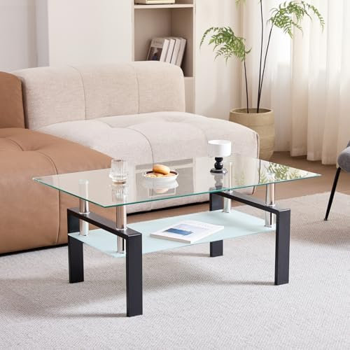 JZGORC Mesa de Centro de Vidrio Simple Moderna, Mesa de Sala de Estar Rectangular de Diseño de Doble Capa, Soportes de Patas de Metal, Ideal para Sala de Estar y Oficina - Negro