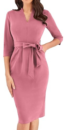 GRACE KARIN Robe de cocktail pour femme 3/4 manches - Robe midi élégante Bodycon - Col en V - Robe crayon taille fine avec ceinture - Robe pour invitées de mariage - Robe de tous les jours, rose clair
