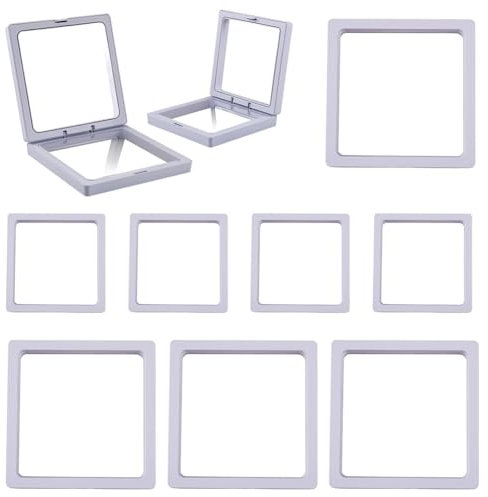 SOFPLATE 10 cadre Flottant 2D Blanc Transparent 3 tailles Présentoir Flottant Transparent en Polyéthylène Support de Suspension Boîte de Rangement pour Bijoux Badges de Défi Collectionneurs Médaillons