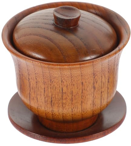 Amosfun Solid Wood Traditional Chinese Tea Bowl with Lid and Saucer 3.74In Practical Tea Cup for Home Office House