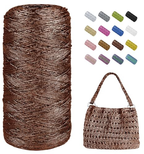 Uiopa Cordino per Borse Uncinetto, 1mm x 480m Filo Uncinetto Metallico Cordoncino, Filo Macrame Glitter Corda per Borse, Cestini, Decorazioni, Artigianato (Marrone)