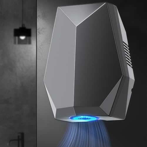SHAIRMB Asciugamani Elettrico Potente da Parete, Asciugamani da Bagno Silenzioso E con Sensore Automatico, Installazione Senza Fori, Design Compatto, per Bagno, Casa, Cucina,Grigio