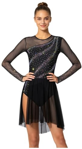 Robe De Patinage Artistique Femme Body Gymnastique Rythmique avec Strass Robe Danse Classique Ballerine Manches Longues Costume Danse Latine Tango Spectacle