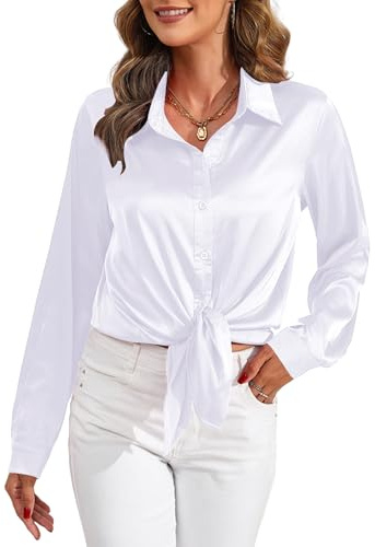Heersan Camicia in Satin Elegante Donna Blusa con Manica Lunga Camicetta da Lavoro con Bottoni Maglietta Shirt Satinato per Ufficio, Serata e Tempo Libero