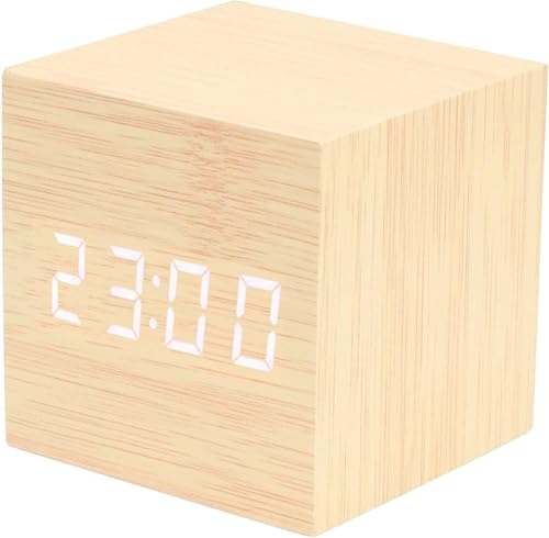 Wowfast Despertador digital de madera con pantalla LCD, reloj despertador digital con función de memoria, 4 niveles de brillo, reloj de madera para decoración de dormitorio, mesita de noche