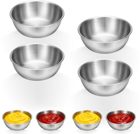 Alrhso 4 cuencos de acero inoxidable de 8,5 cm, pequeños platos de salsa de soja, mini cuencos de preparación, cuencos redondos individuales para condimentos, cuencos reutilizables para aperitivos