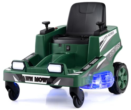GOPLUS Cortacésped Eléctrico Infantil, Coche de Paseo Eléctrico 12 V para Niños con Giro de 360°, Faros LED, 2 Palancas, Coche de Juguete con Cesta de Recogida para Niños de 3 a 8 Años (Verde)