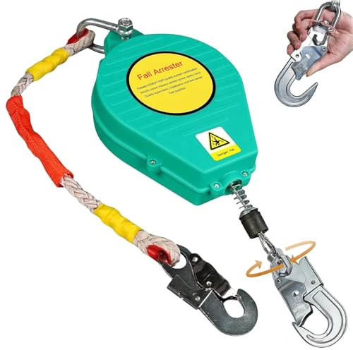 Aocay Dispositivo Anticaduta Retrattile Certificato, 150kg Anticaduta a Richiamo Automatico con Gancio Girevole a 360°, Imbracatura di Sicurezza Anticaduta Tetto(Verde,10m)