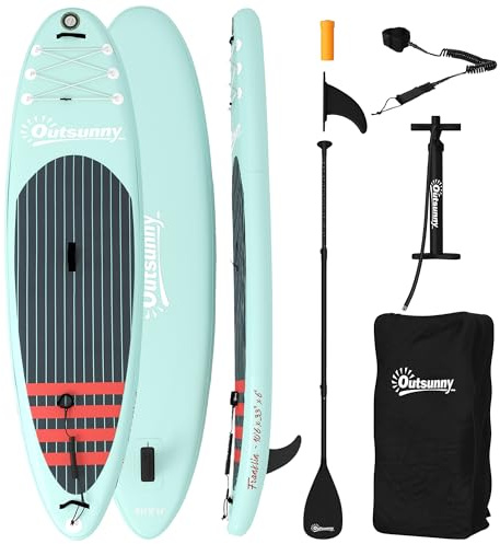 Outsunny Tabla Paddle Surf Hinchable con Accesorios, 320 cm, Remo de Aluminio Ajustable, Quilla, Stand Up Paddle Board con Superficie Antideslizante de EVA, Bomba y Mochila, Carga 160 kg, para Adultos