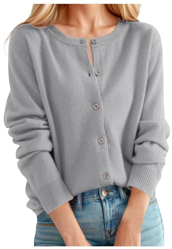Bomullskoftor för kvinnor UK kvinnors kashmir cardigan rund hals tröja vår höst vinter långärmad stickad enfärgad mjuk cardigan tröja lätt rund hals
