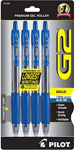 Pilot G2 Premium Refillable & Retractable Rolling Ball Gel Pens, Bold Point, Bold Gel Pens, 1.0 mm, Blue Ink, 4-Pack