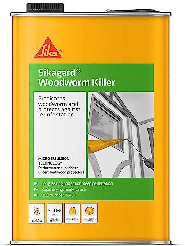 Sika Sikagard Woodworm Killer – Eradicates Woodworm and Protects Against Re-Infestation – Fast-Drying – Non-Flammable – Clear – 5 Litre
