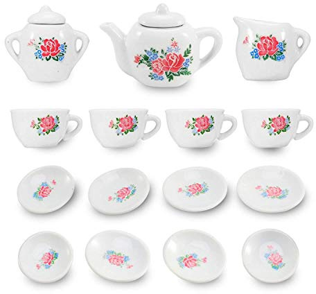 Coolbitz 23 Pieces Kids Ceramic Play Tea Set, Role Play Tea Pot Saucers Cups, Pretend Play Kids Toy Kitchen Tea Party Playset, Washable Dishes, Safe Material, for Your Toddlers and Little Girls