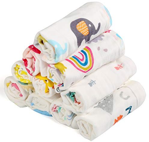BelleStyle 10Pcs Muslin Washcloths Cotton Natural Baby Towels with Printed Design Soft Newborn Baby Face Towel for Sensitive Skin Baby