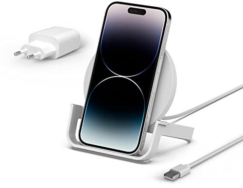 Belkin Soporte de Carga Inalámbrica BoostCharge de 10 W (Cargador Inalámbrico Rápido con Certificación Qi para iPhone y Teléfonos de Samsung, Google y Otros), Blanco