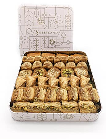 Sweet Land Baklava Selection - 1 kg | Selection Tray with Pistachio, Almond & Cashew Nuts | Handmade Traditional Lebanese Baklava | Great for Ramadan, Mother's Day, Easter, & Eid | Tin Gift Box