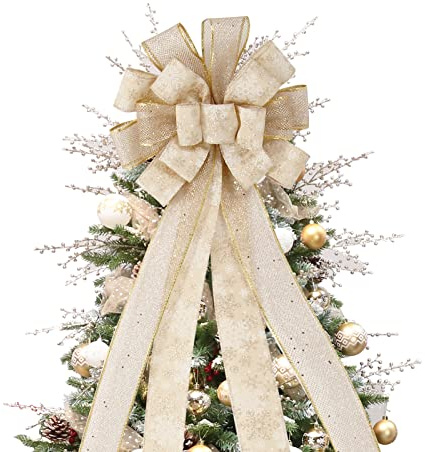 Christmas Tree Topper Bow, 44X12 Inch Artificial Xmas Tree Flower Topper Decor, for Family, Wedding, Birthday Party, Indoor Outdoor Thanksgiving Christmas Decoration - Gold/Snowflake.