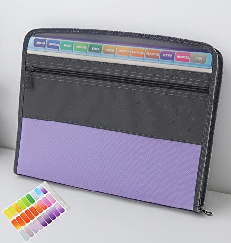 NAFY Expanding File Folder, 13 Pockets Document Organizer with Zipper, A4 Letter Size Portable Accordion Expanding File Folders with 27pcs Multicolor Labels for Home Office School Supplies (Purple)