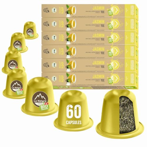 La Natura Lifestyle | Thé vert bio JASMIN | Capsules 100% industrielles compostables² | Respectueux de l'environnement | 60 capsules | pour machines à capsules Nespresso®³