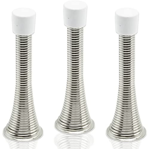 3X Wall Mounted Chrome Spring Door Stop Sprung Stopper Skirting Board Buffer with 3X Replacement Rubber tip