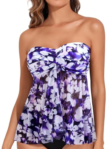 Talisea Women Bandeau Tankini Top Only Mesh Strapless Swimsuits Top Halter Flyaway Bathing Suits No Bottom Black, Purple Floral, XXL