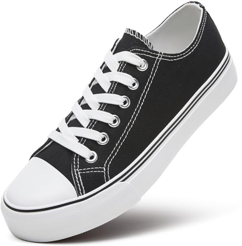 ZGR Womens White Tennis Shoes for Women,Lace up Canvas Sneakers,Casual Walking Canvas Shoes(Black.US8)