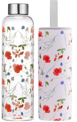 Autsel Glass Water Bottle 500ml Artistic Glass Drinking Bottle with Lid Leak Proof Borosilicate Water Bottle with Protection Sleeve, Fine Gifts for Girls and Women