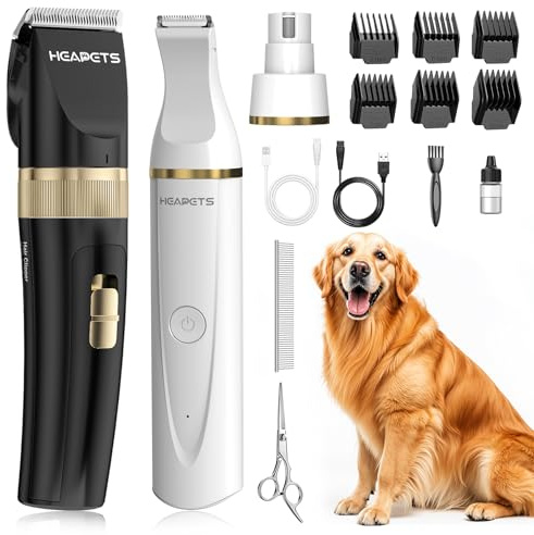 HEAPETS Dog Hair Clippers for Grooming Kit and Dog Paw Trimmer Nail Grinder for Grooming, Low Noise Rechargeable Cordless, Shaver Grooming Supplies for Pet Cats Dogs (Black, White)