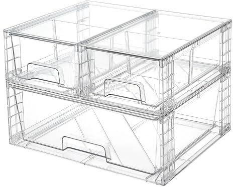 Vtopmart Confezione da 3 grandi cassetti impilabili, facili da montare in acrilico, per bagno, armadio, sottolavello, contenitori in plastica per armadietti da cucina, dispensa, trucco, organizzazione