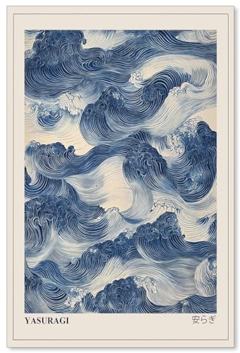Toile murale abstraite avec vagues bleues japonaises – Impressions sur toile pour décoration murale minimaliste de salon, 61 x 91 cm, sans cadre