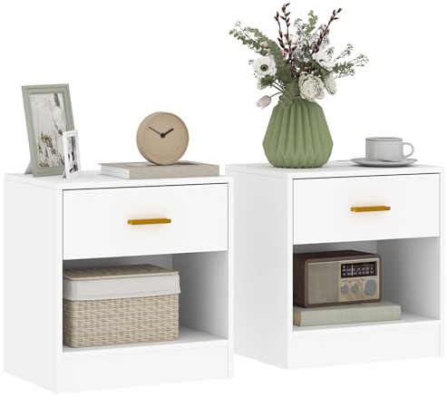 HOMCOM Lot de 2 Tables de Chevet, Table de Nuit avec 2 tiroirs et étagères Ouvertes, poignée dorée, Style Moderne, Bout de canapé pour Chambre à Coucher, Salon, 39 x 28 x 41 cm, Blanc