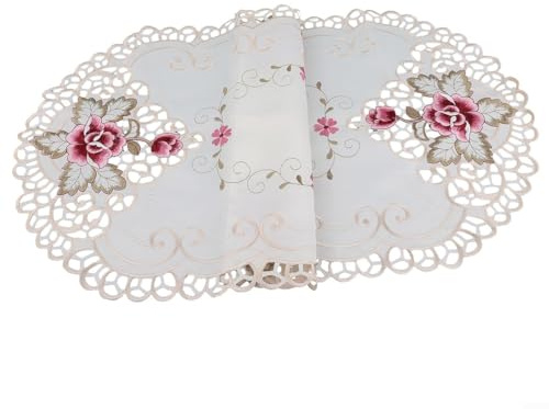 Napperon ovale en dentelle blanche avec motif floral brodé, convient pour les réceptions, les dîners de famille, la décoration d'intérieur, les mariages et les événements spéciaux