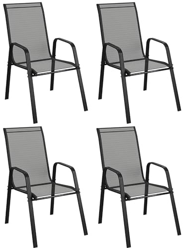 Outsunny Set 4 Sedie da Giardino Impilabili con Braccioli, Sedie per Pranzo da Esterno in Metallo e Texteline Impermeabile, da Patio, Balcone, Terrazza, Esterno e Interno, 54x75.5x95cm, Nero