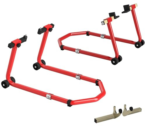 HOMCOM Cavalletto per Moto, Capacità 390 kg, Supporto Anteriore e Posteriore Regolabile con Forche U+L, Ruote, Clip di Serraggio, Cavalletto Ruota Anteriore Posteriore, Rosso